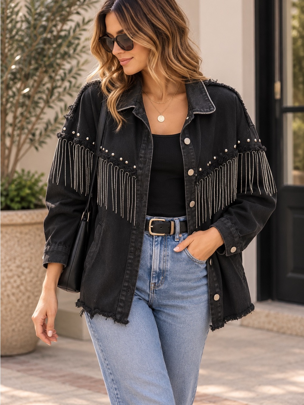 Black Denim Studded Chain Fringe Western Jacket Shacket